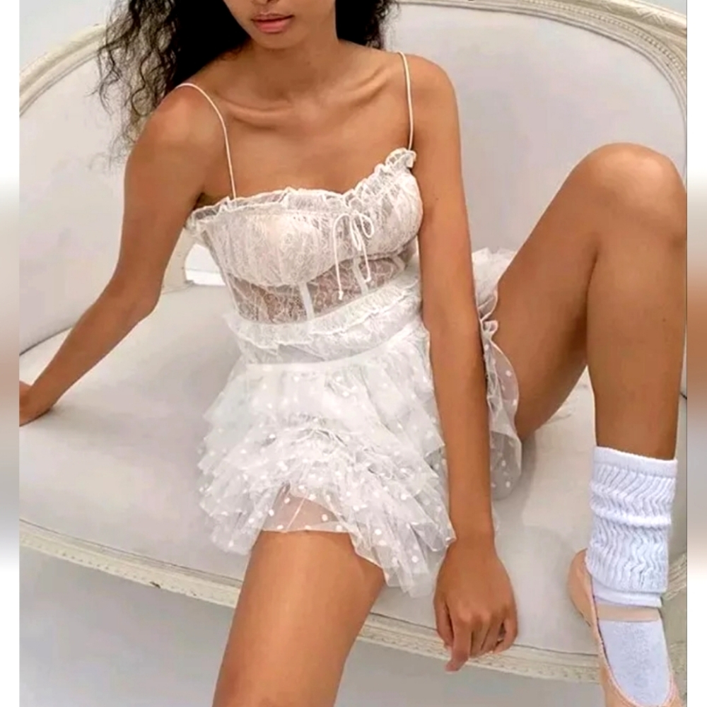 NEW! For Love & Lemons Jules White Mesh Lace Wedding Mini Dress! L